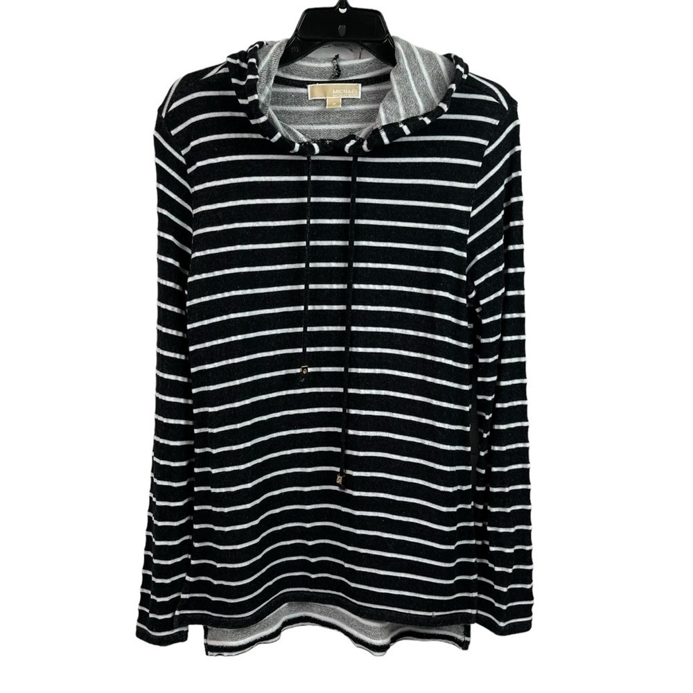 Michael Kors Womens High Low Tunic Hoodie Top Black White Stripe Medium READ